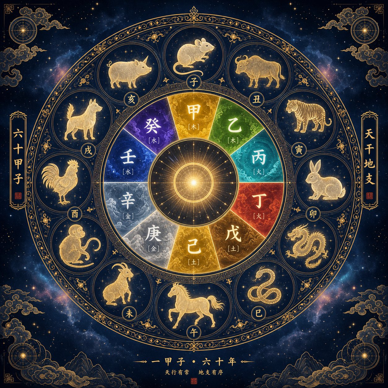 the heavenly stems and earthly branches combine into sixty unique pairings creating the grand cycle that maps elemental energy across time