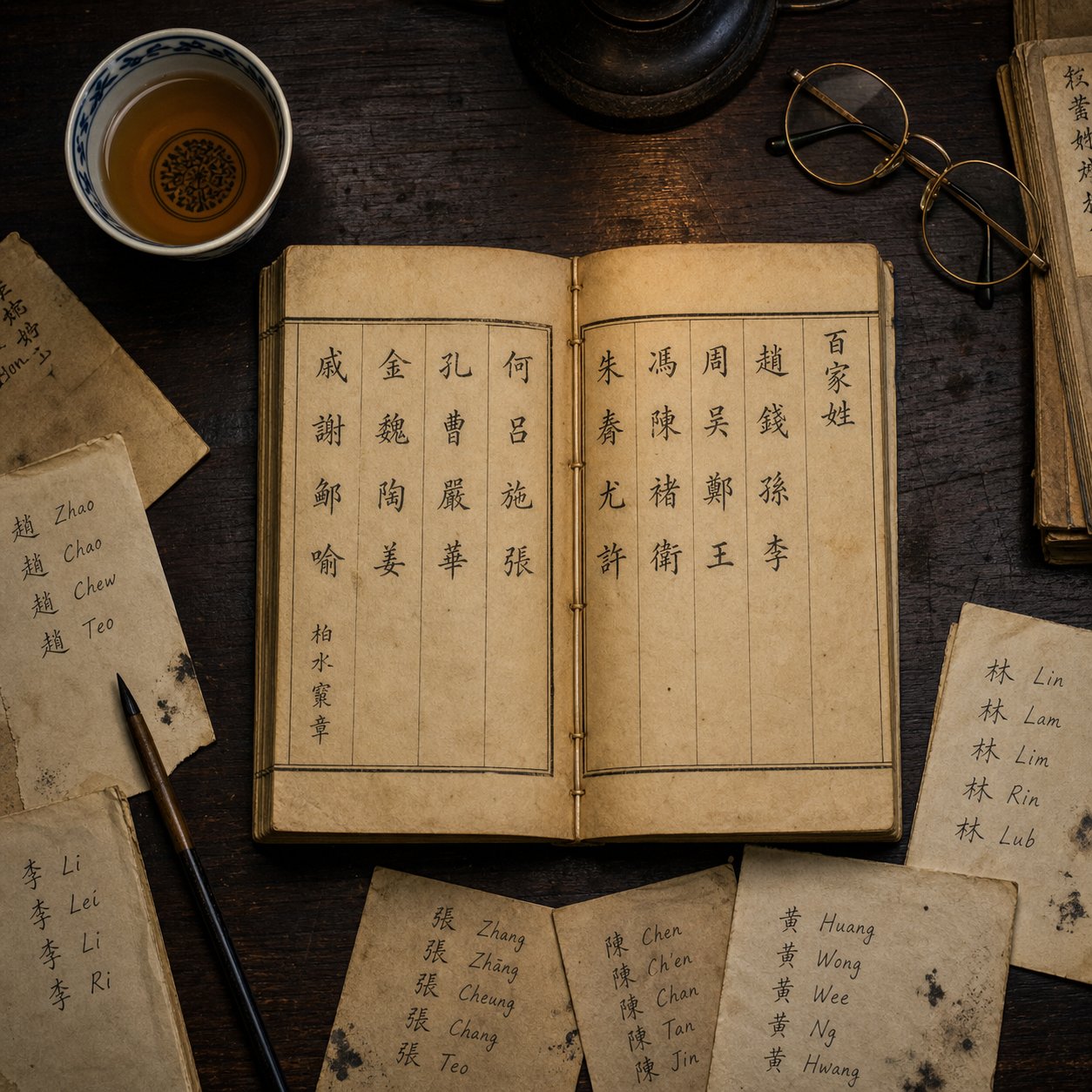 the hundred family surnames text alongside romanization variants showing how one character becomes many spellings