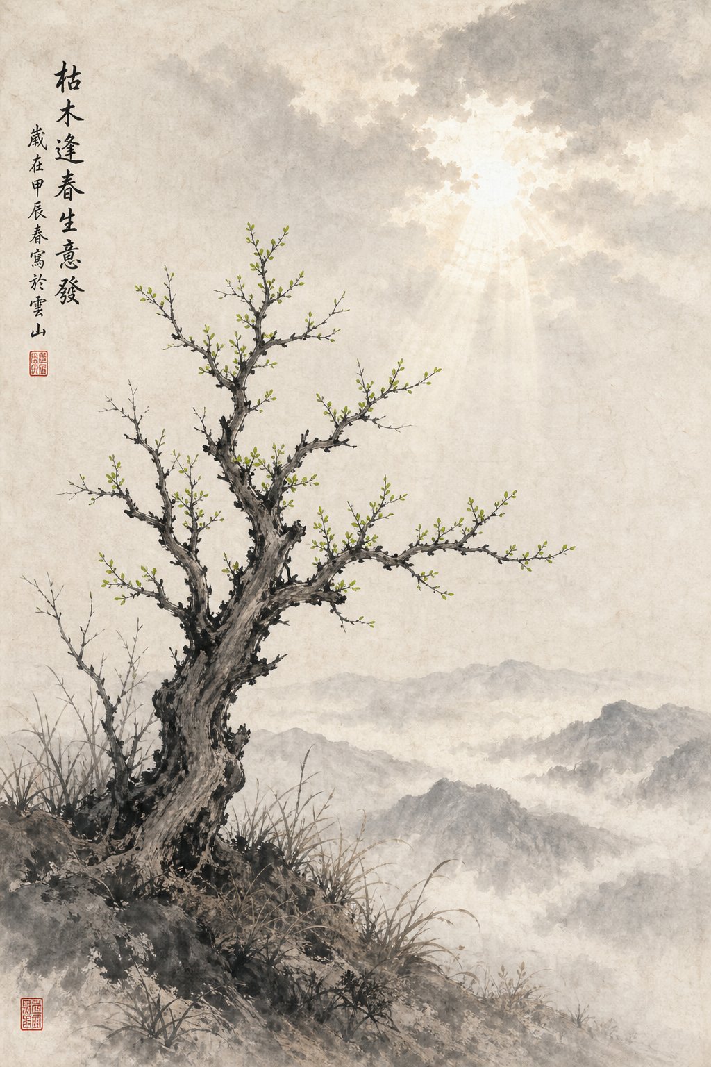 the idiom 枯木逢春 captures the image of a withered tree reviving in spring symbolizing comeback after hardship
