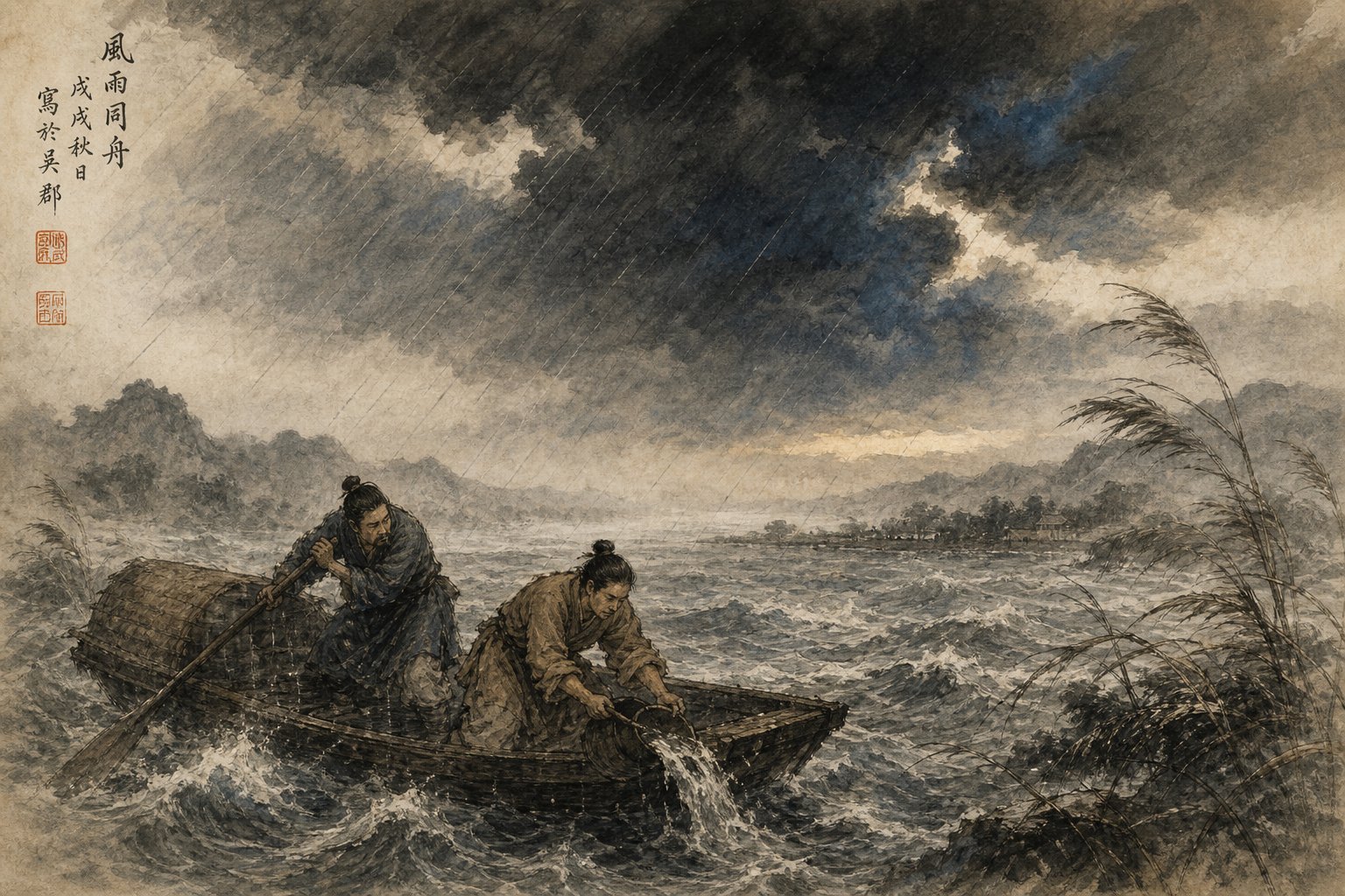the idiom 风雨同舟 (weathering storms together) reflects rain as a metaphor for shared hardship in chinese culture