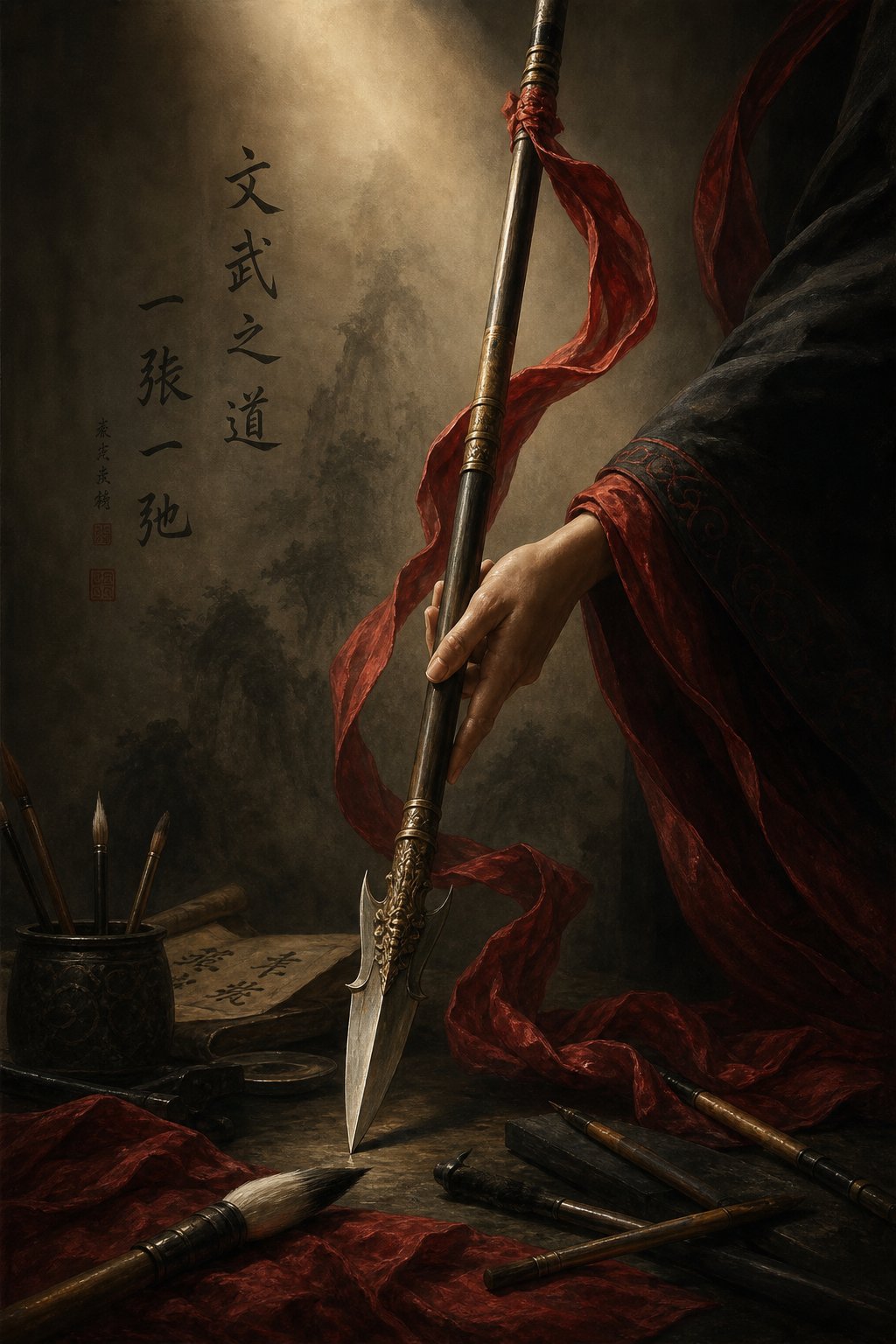 the martial character wu embodies the paradox of stopping the spear strength directed toward peace