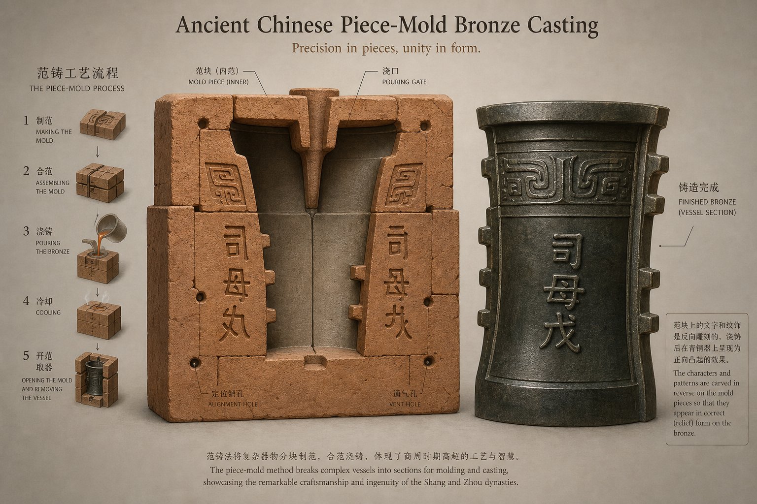 the piece mold casting process where characters were carved into clay before being cast in bronze