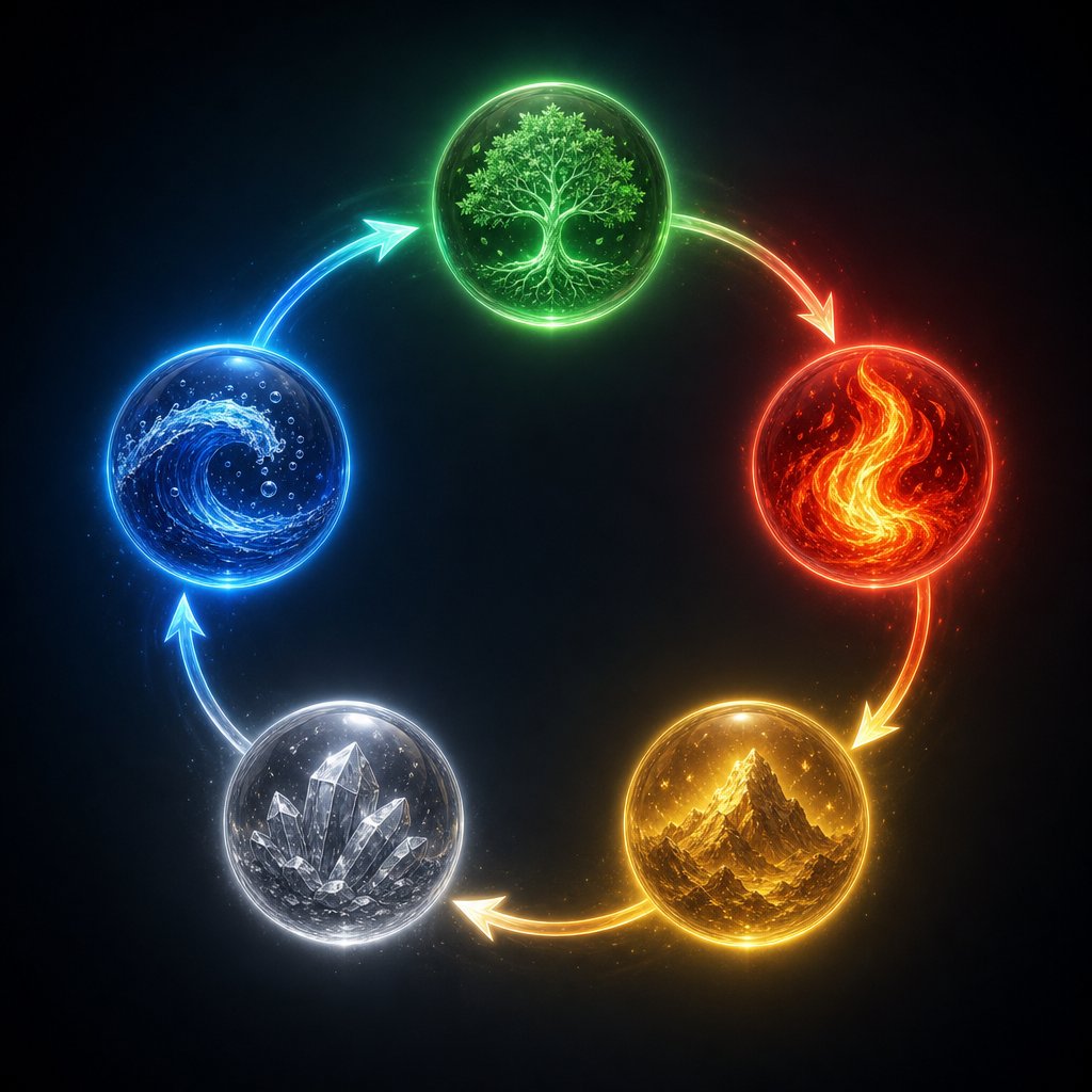the productive cycle of the five elements shows how each phase nourishes the next in a continuous loop