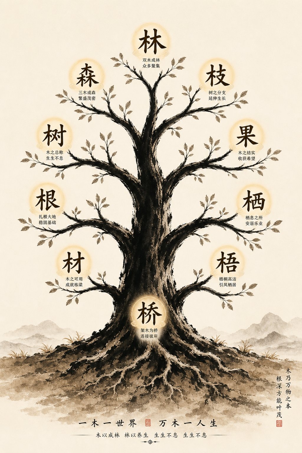 the wood radical 木 branches into hundreds of chinese characters spanning trees furniture and building materials
