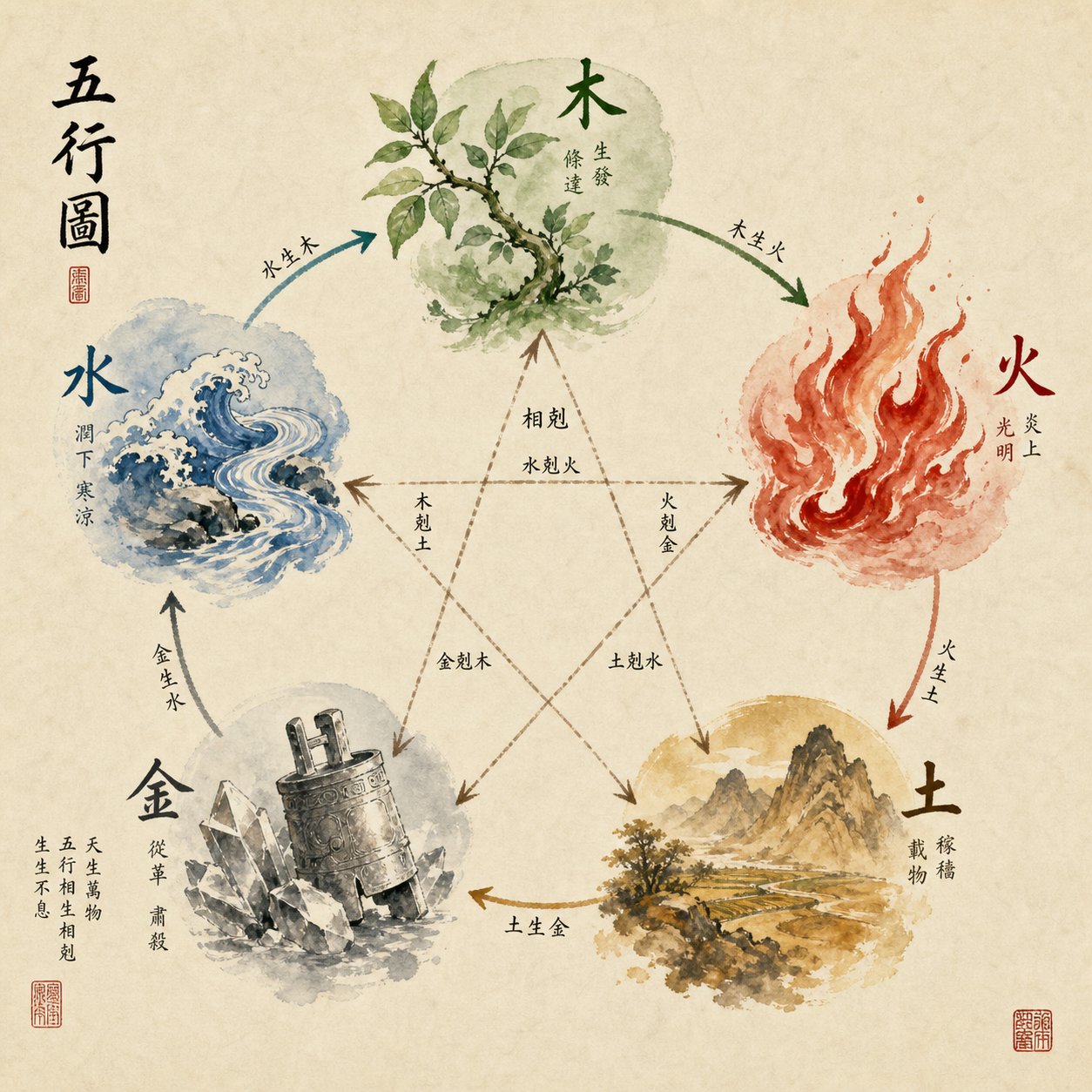 the wu xing five elements cycle showing how fire interacts with wood earth metal and water in naming theory