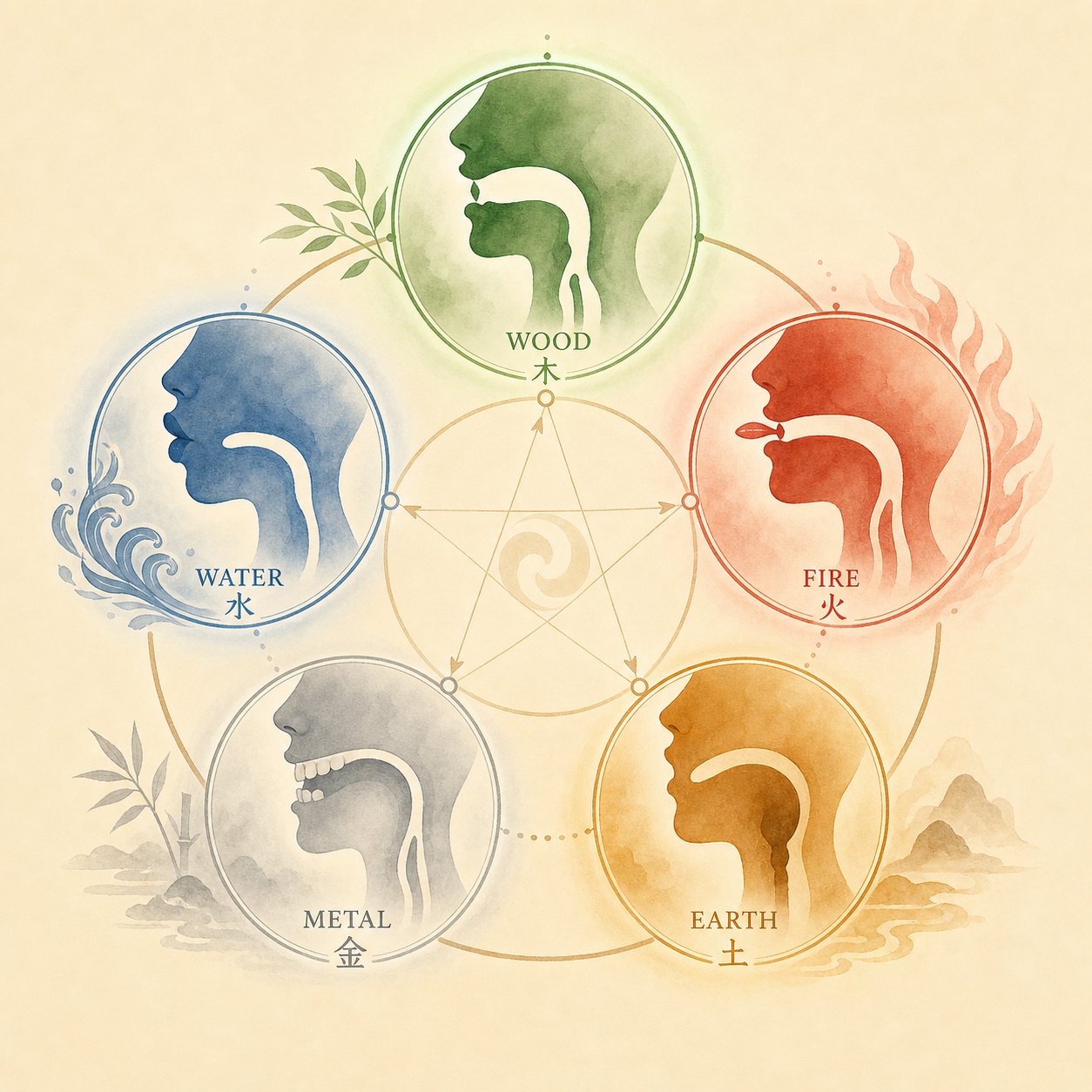 the wu xing system maps each element to a specific place of articulation in the mouth
