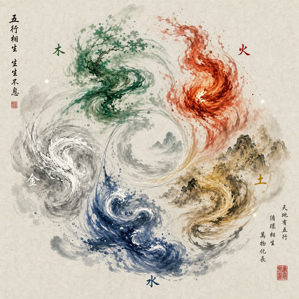 the wuxing system depicted as five dynamic phases of energy in continuous transformation