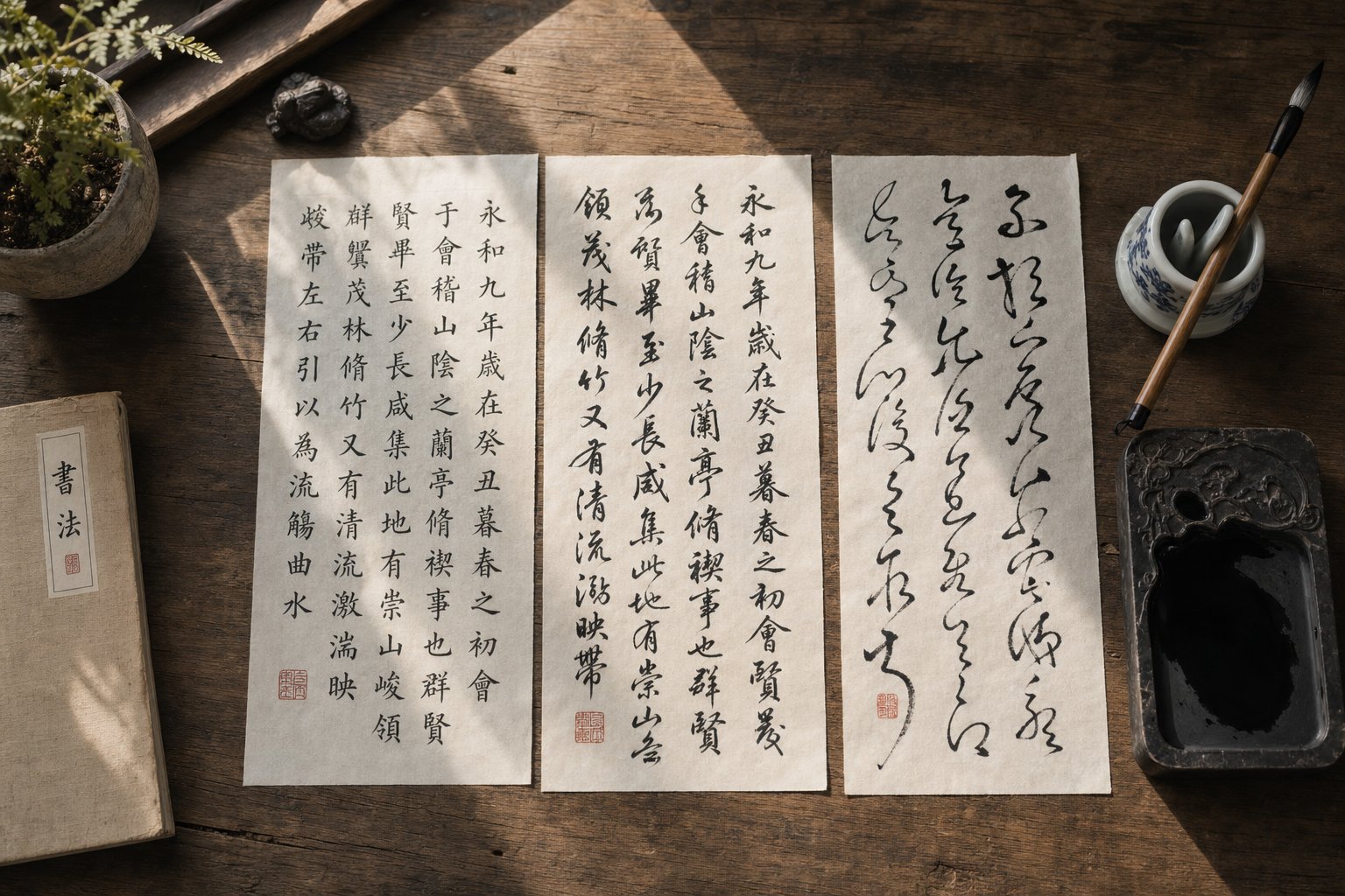 three chinese script styles from structured regular script to fluid cursive script show the range of calligraphic expression
