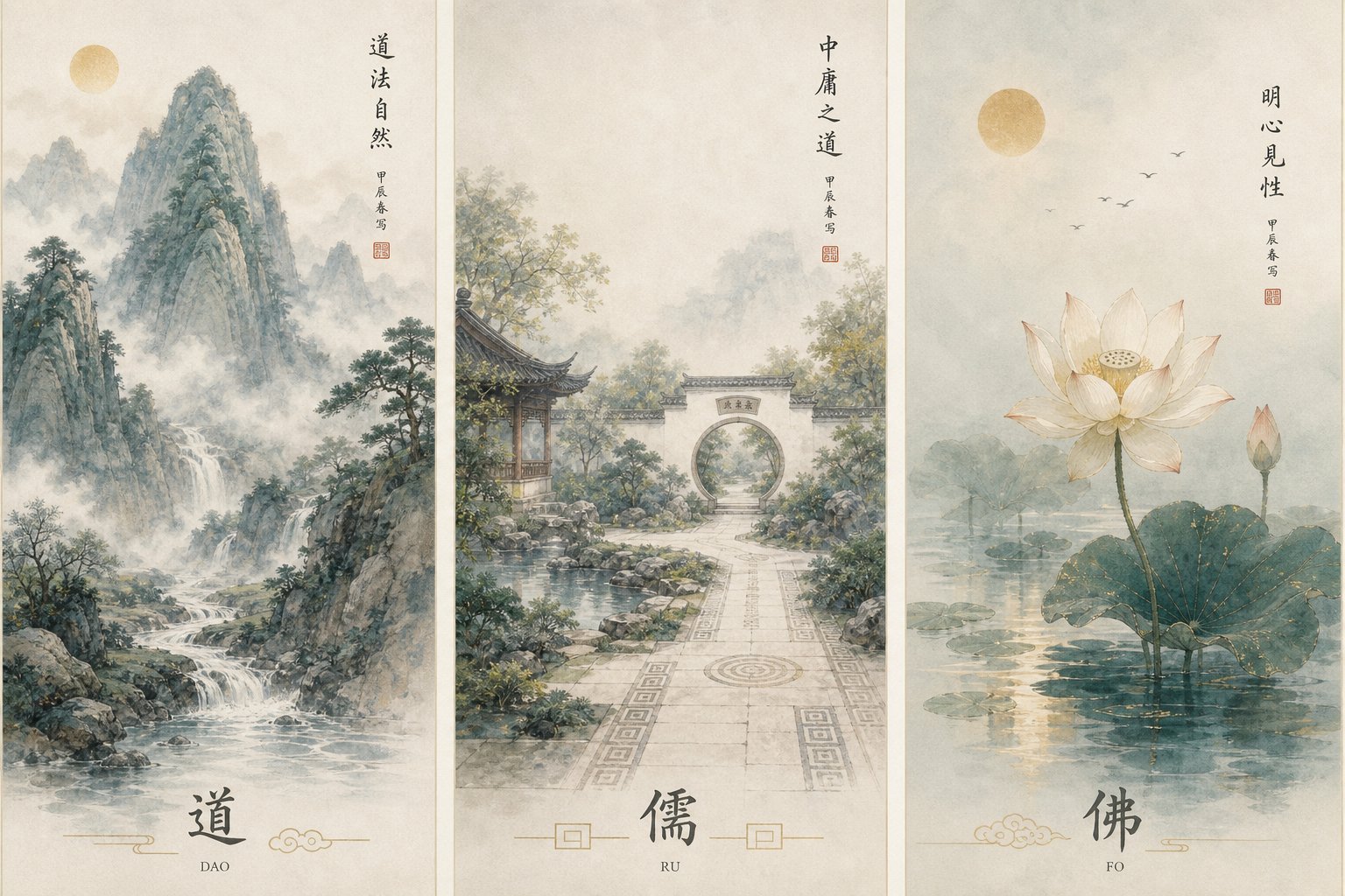 three symbolic landscapes representing the daoist confucian and buddhist approaches to truth in chinese philosophy