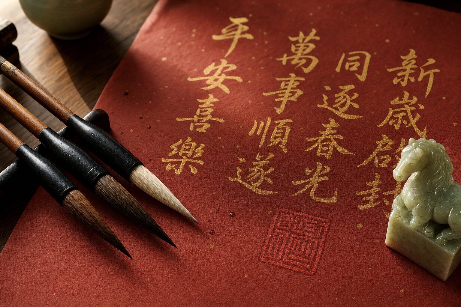traditional calligraphy tools and freshly written lucky characters prepared for horse year celebrations