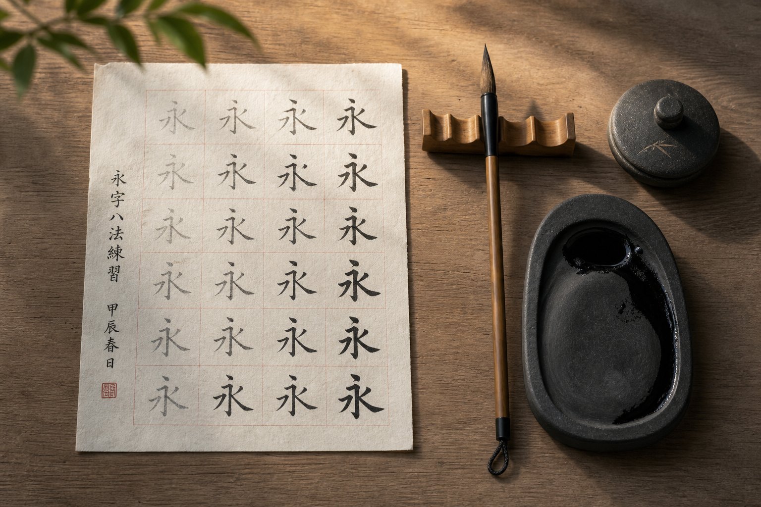 traditional chinese calligraphy tools arranged for character writing practice including brush ink stone and rice paper