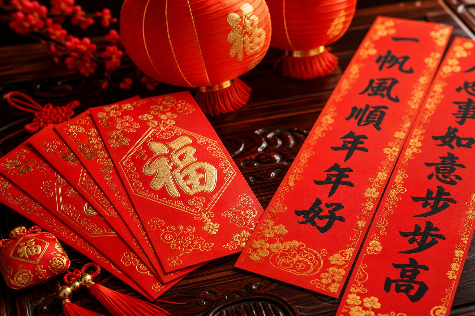 traditional chinese celebration items including red envelopes and lanterns used to display auspicious characters during festivals