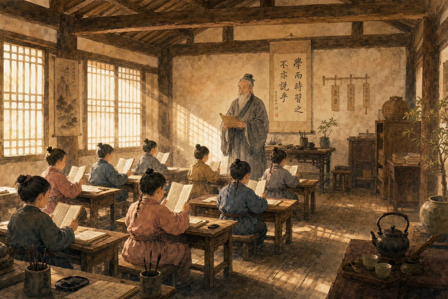 traditional chinese classroom where children memorized the hundred family surnames as part of foundational literacy education