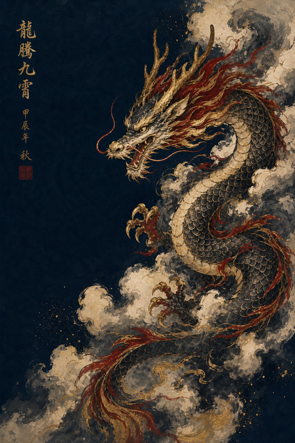 traditional chinese dragon imagery representing the mythological power and imperial symbolism behind the character 龍