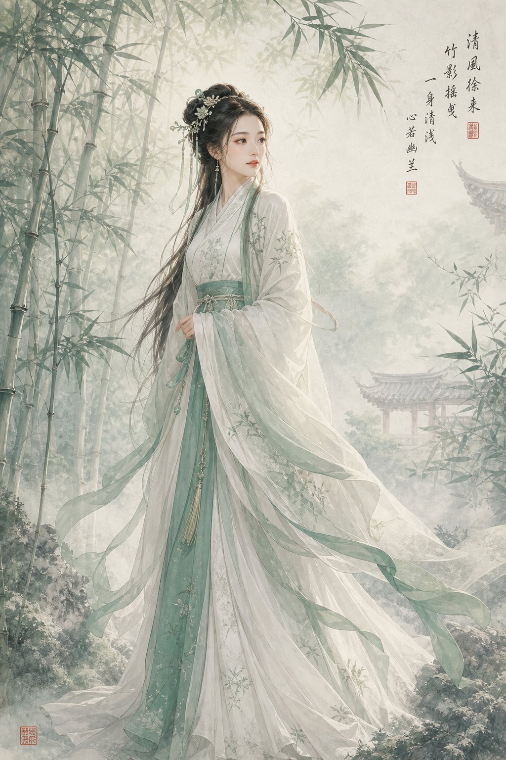 traditional chinese elegance reflected in flowing hanfu amid a tranquil bamboo garden