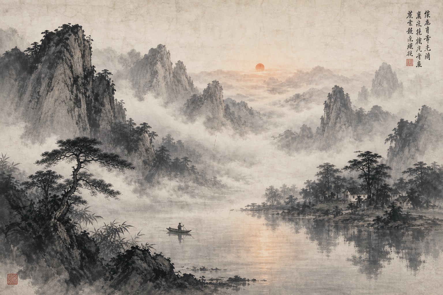 traditional chinese ink wash landscape evoking the philosophical harmony between nature and balance in naming culture