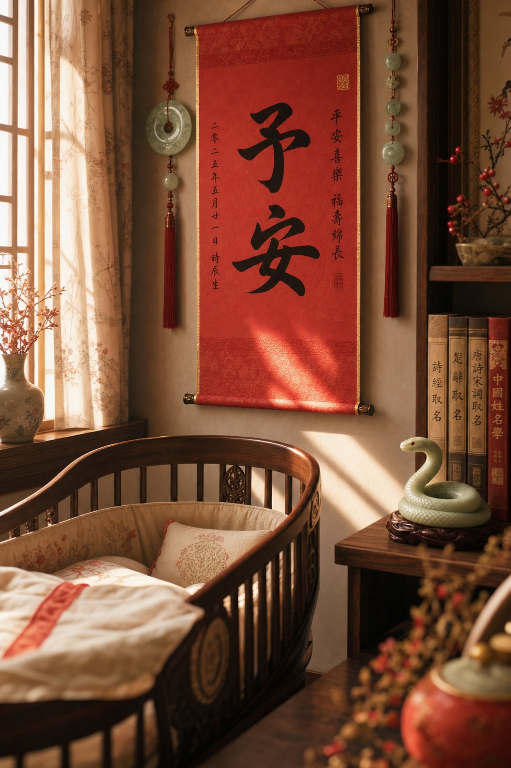 traditional chinese naming elements including calligraphy scrolls and jade ornaments prepared for a snake year baby