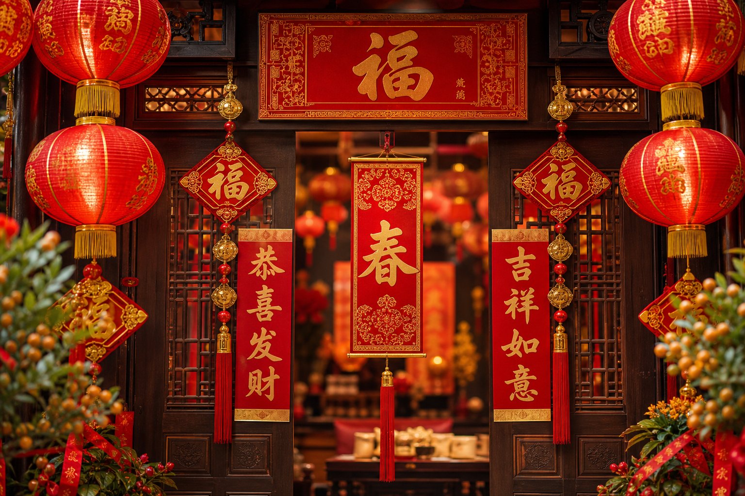 traditional chinese new year blessings featuring health wishes like 身体健康 on festive red scrolls