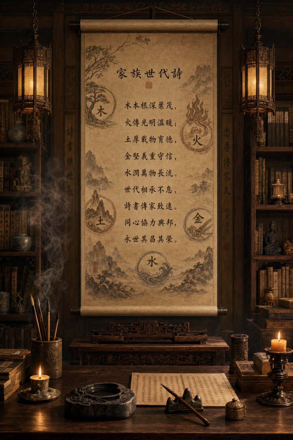 traditional chinese study with a generational naming poem scroll representing centuries of family poetic continuity