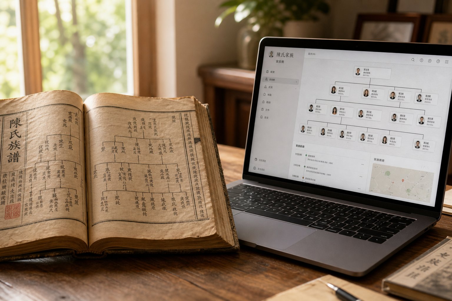 traditional clan genealogy book paired with modern digital tools for tracing chinese surname origins