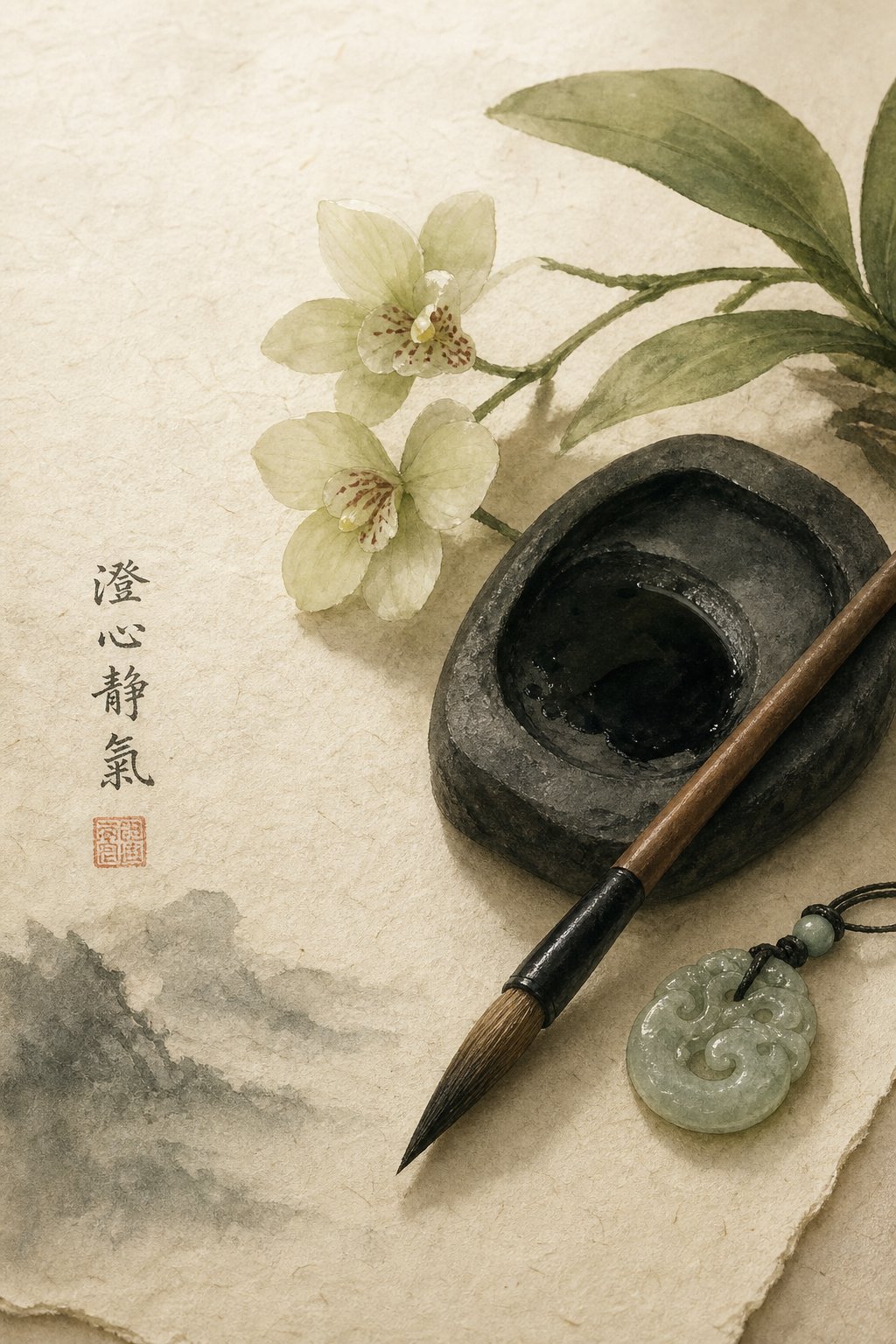 traditional tools of chinese calligraphy representing the thoughtful process of selecting a meaningful chuci name