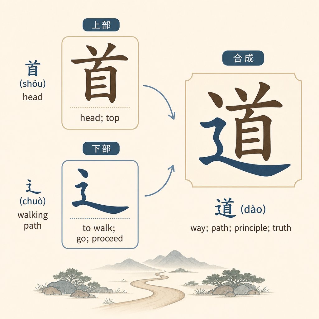 visual breakdown of 道 into its two radicals head (首) and walking path (辶)