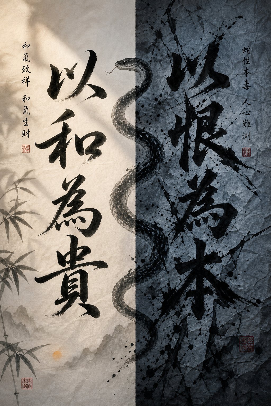 visual contrast between harmonious and conflicting character energy in snake year calligraphy selection