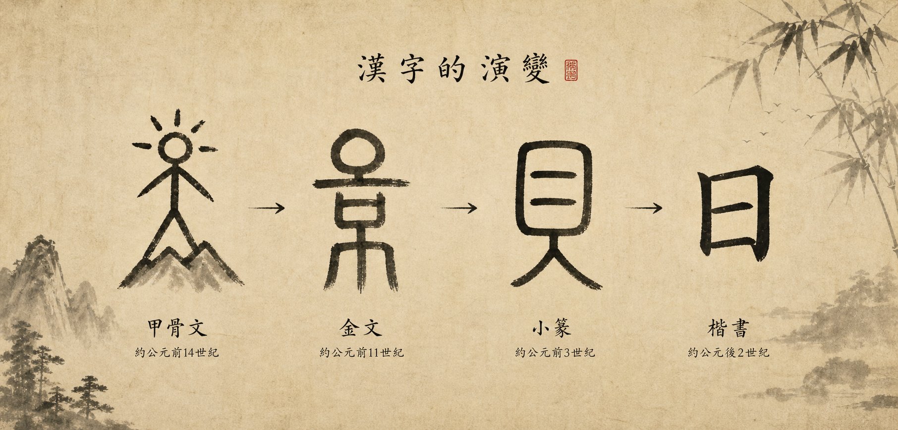 visual progression showing how chinese characters evolved from pictographs to abstract modern forms