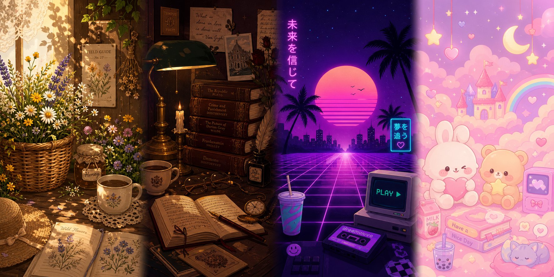 visual representation of aesthetic subgenres from cottagecore to vaporwave each with distinct mood and color palette