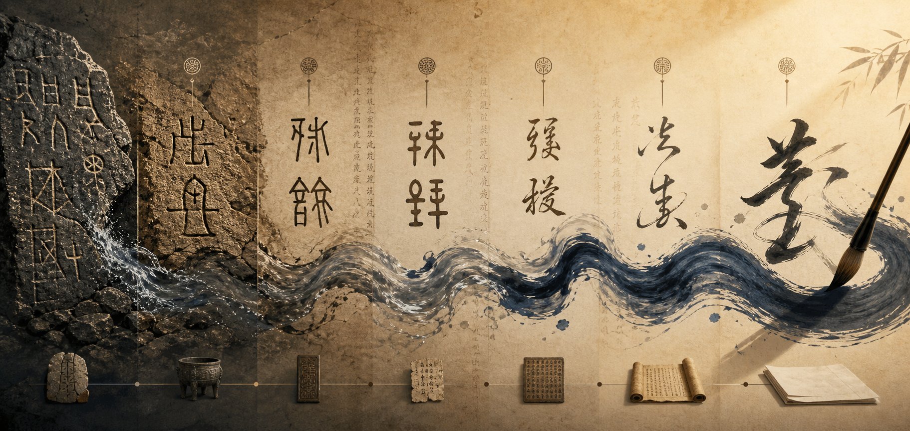 visual representation of chinese script evolution from ancient oracle bone carvings to modern brushstroke forms