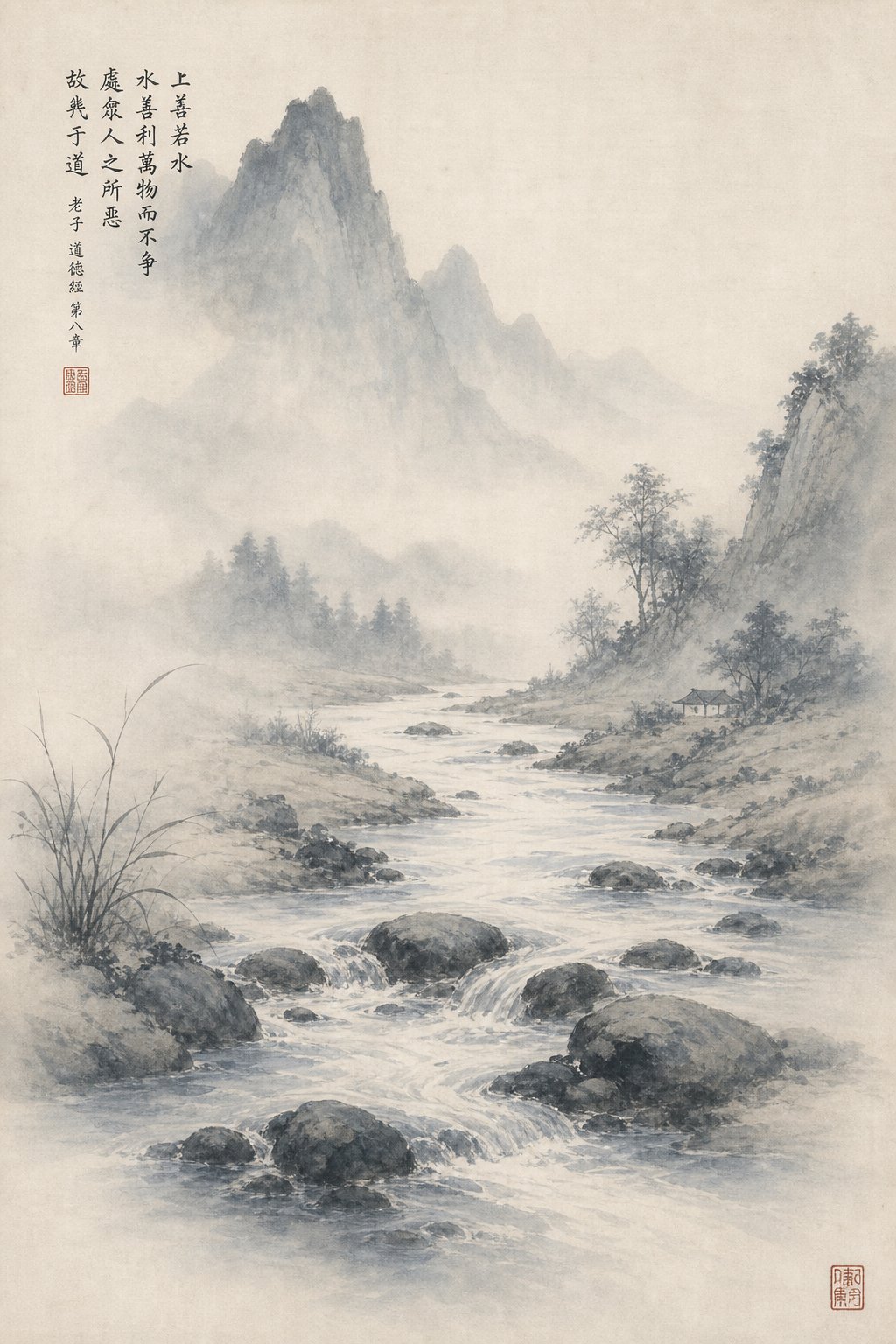 water flowing over stones symbolizing daoist philosophy of gentle persistence in chinese culture
