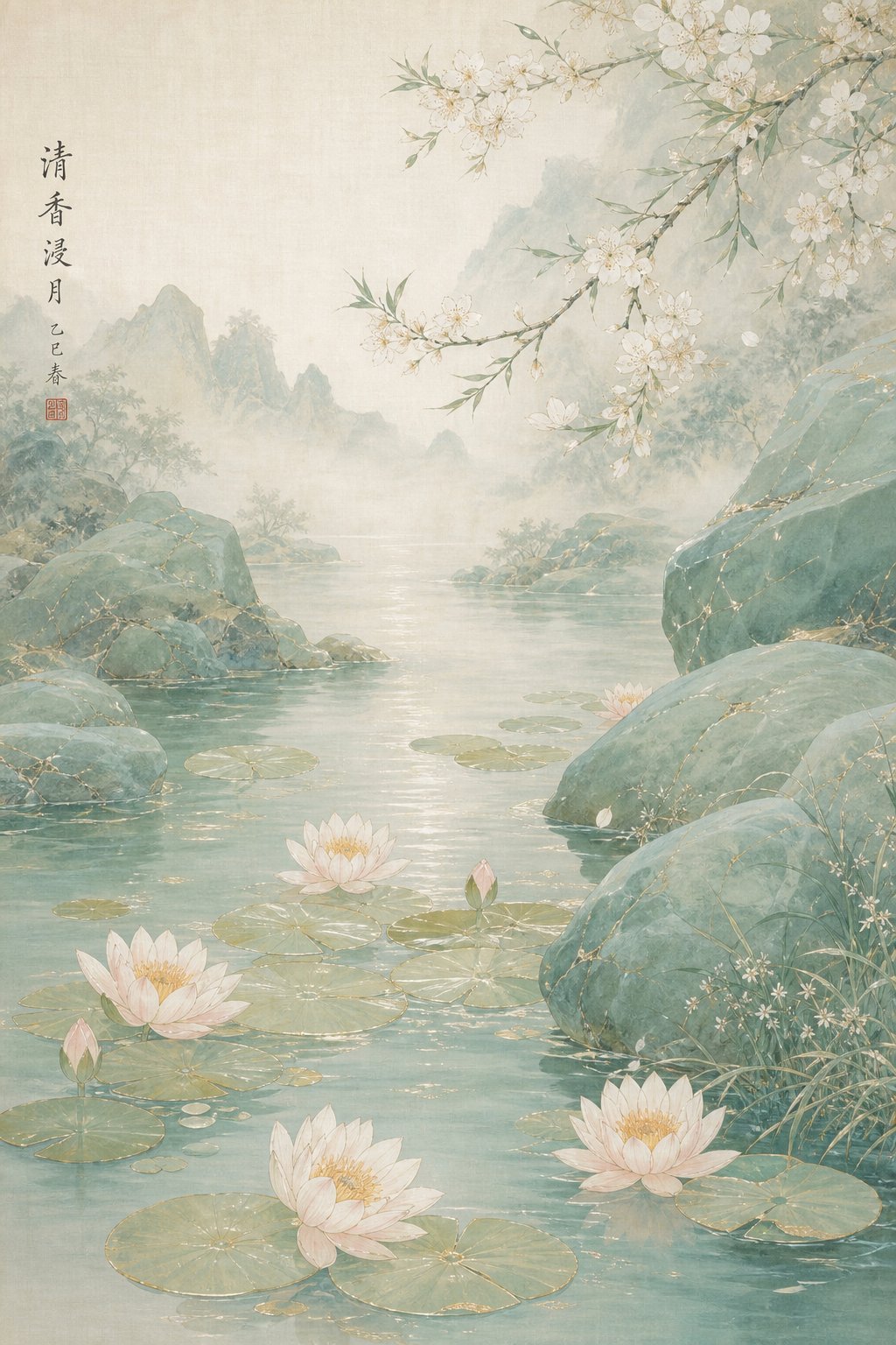 water lilies on a mountain stream evoking the graceful blend of water element and tiger mountain imagery in girl names