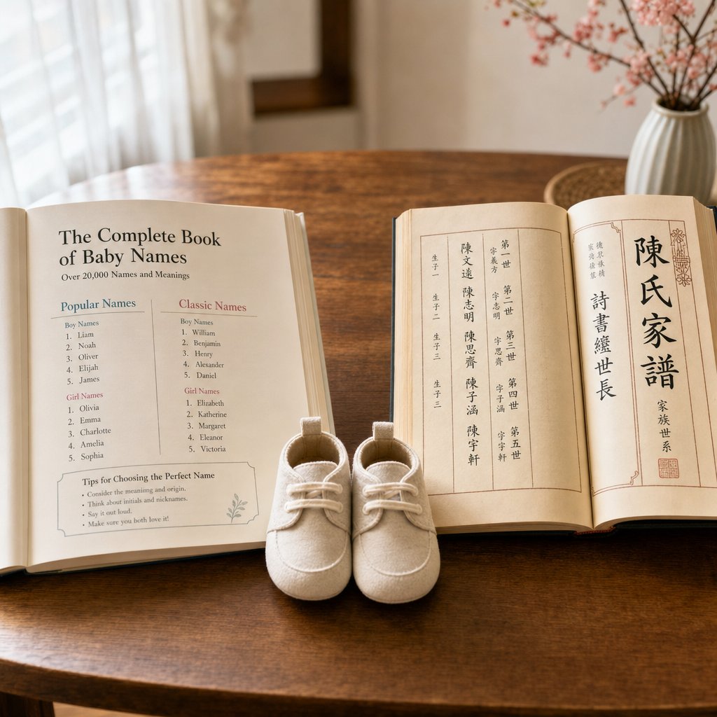 western and chinese naming traditions side by side representing the choices bicultural families navigate when naming a child