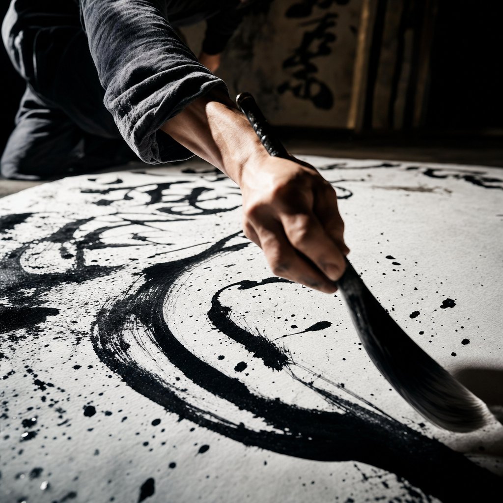 wild cursive grass script calligraphy capturing the expressive energy of full body brush movement