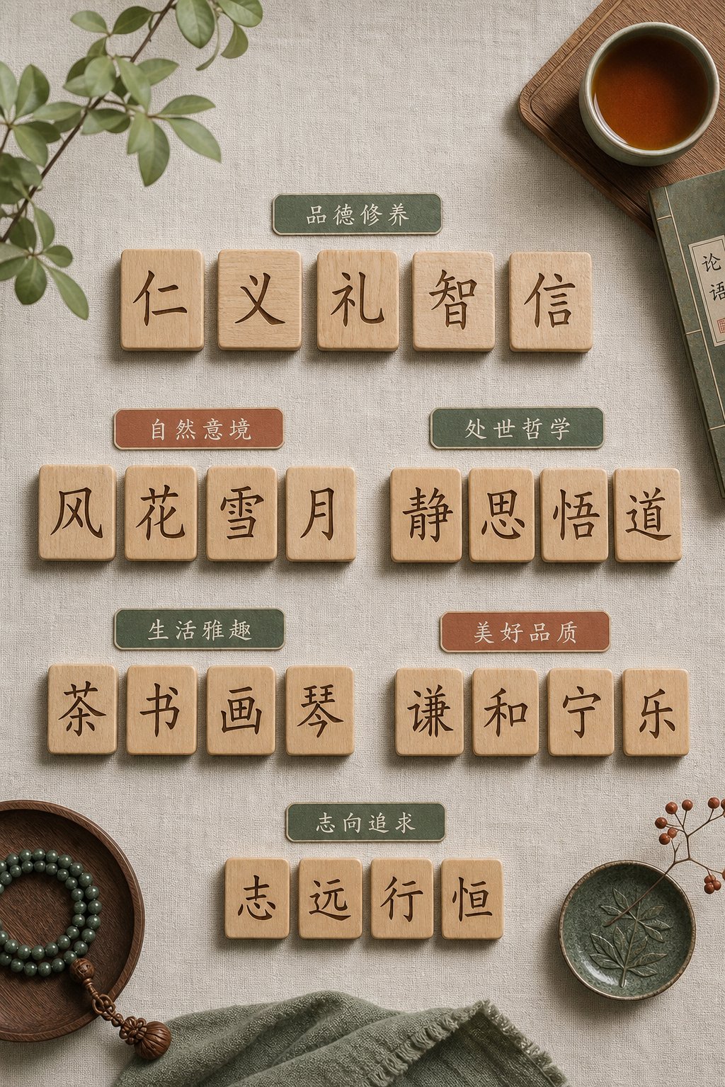 wooden tiles with chinese characters arranged by theme representing a curated collection of gender neutral names