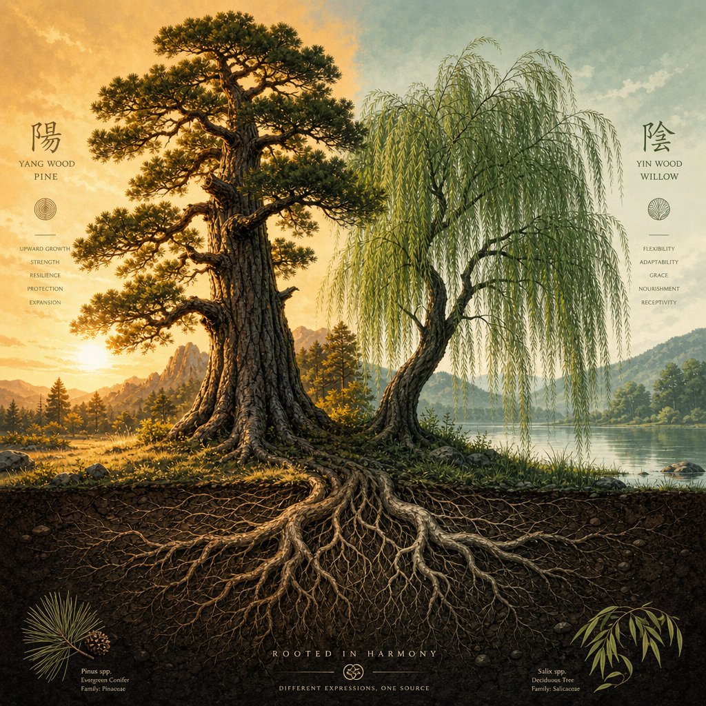 yang wood as a towering pine and yin wood as a graceful willow illustrate the two polarities of wood element energy