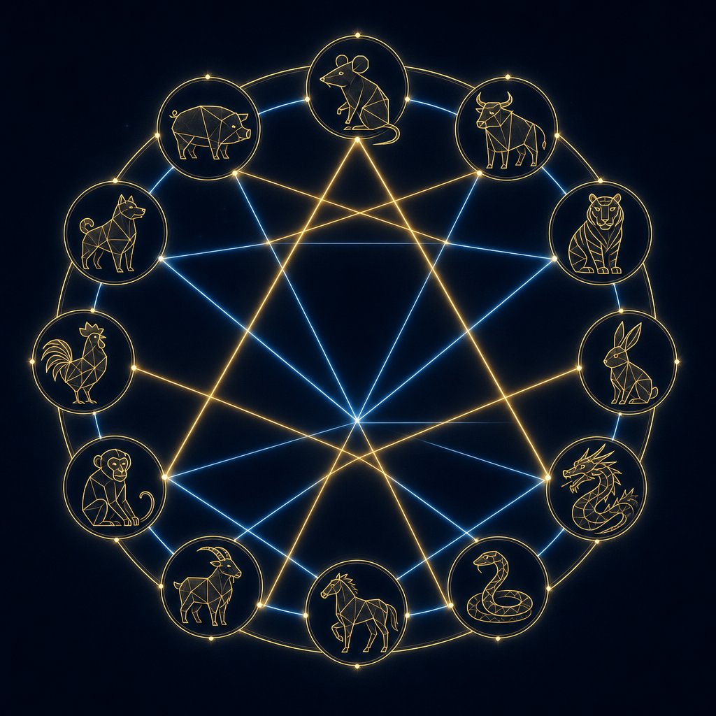 zodiac compatibility map showing san he triads and liu he pairs that guide allied radical selection in chinese names