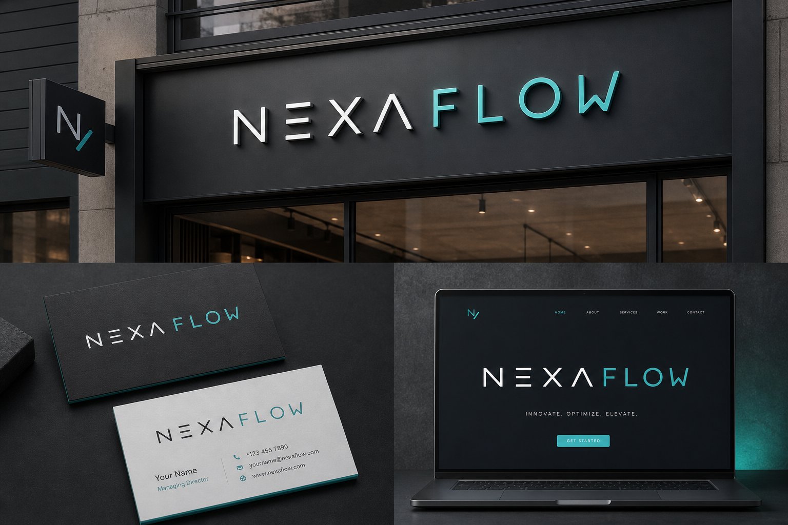 a blended brand name displayed across business materials showing professional identity creation