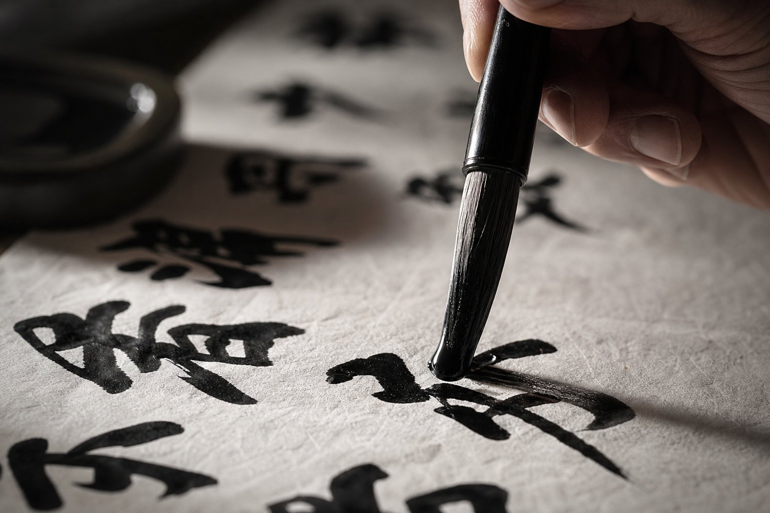 a brush forming chinese characters on rice paper illustrating the deliberate craft behind pen name construction