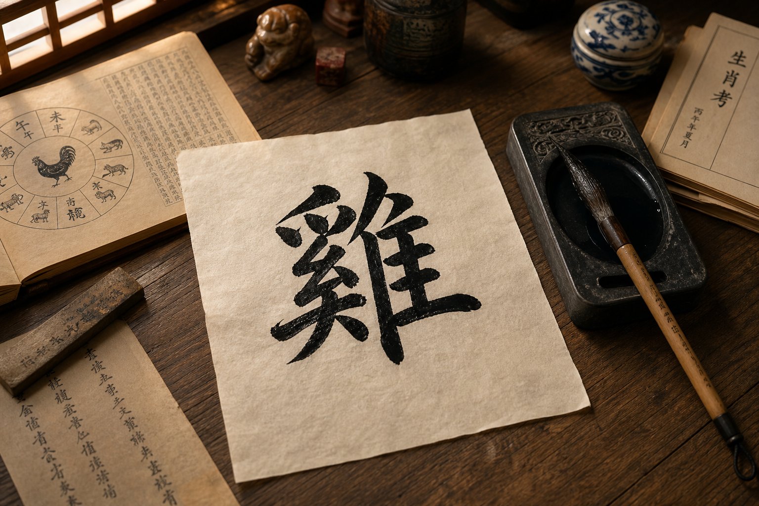 a calligraphy workspace representing the deliberate process of selecting meaningful characters for a rooster year name
