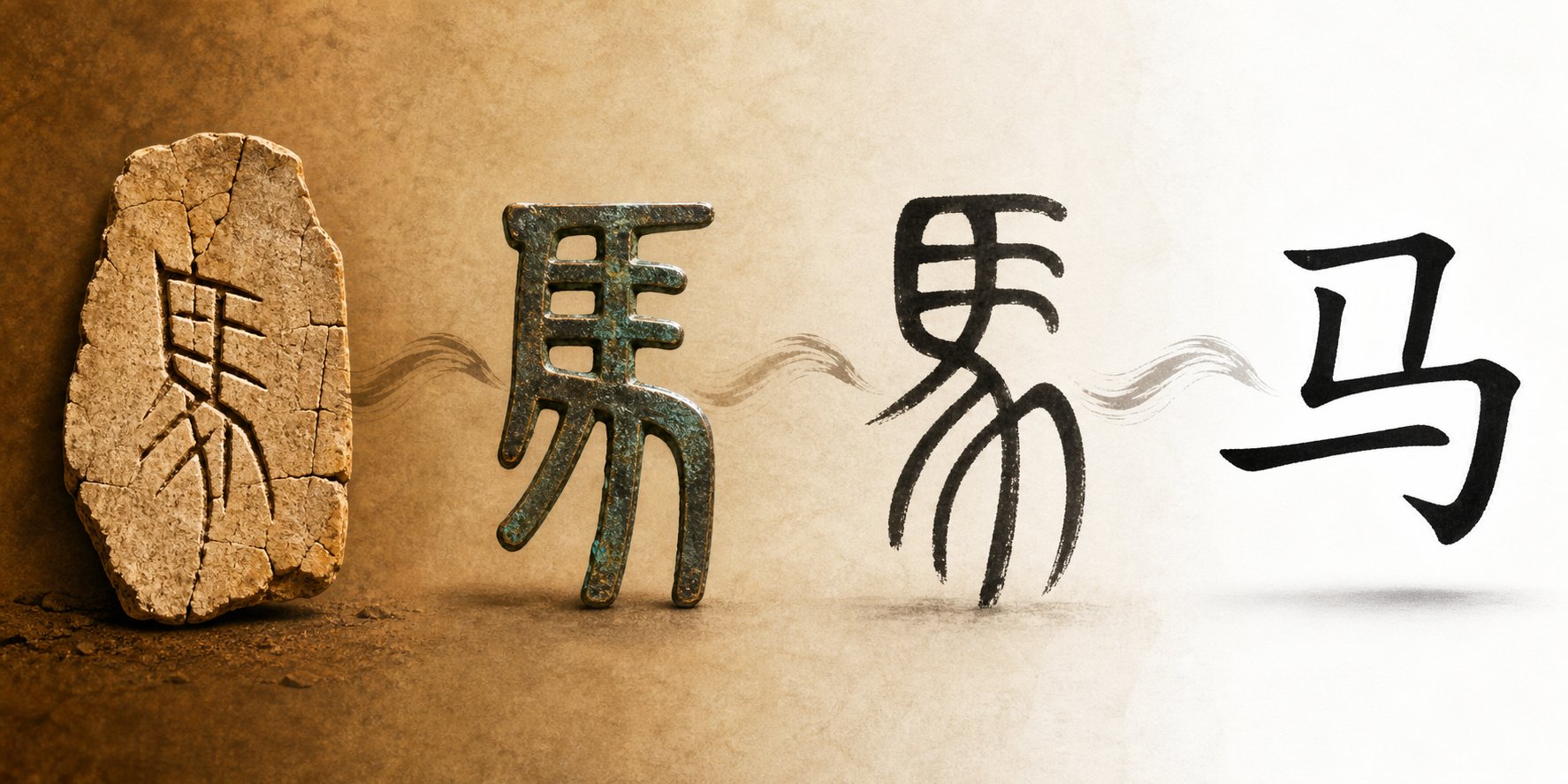 a chinese character evolving through thousands of years from oracle bone inscription to modern form
