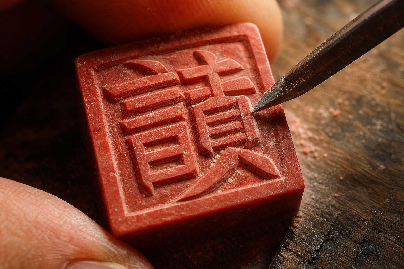 a chinese surname character being carved into a traditional stone seal revealing its radical components
