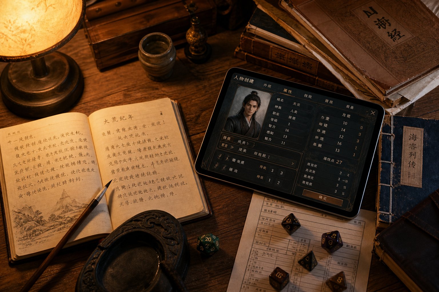 a creative workspace blending traditional and modern tools for generating authentic ancient chinese character names