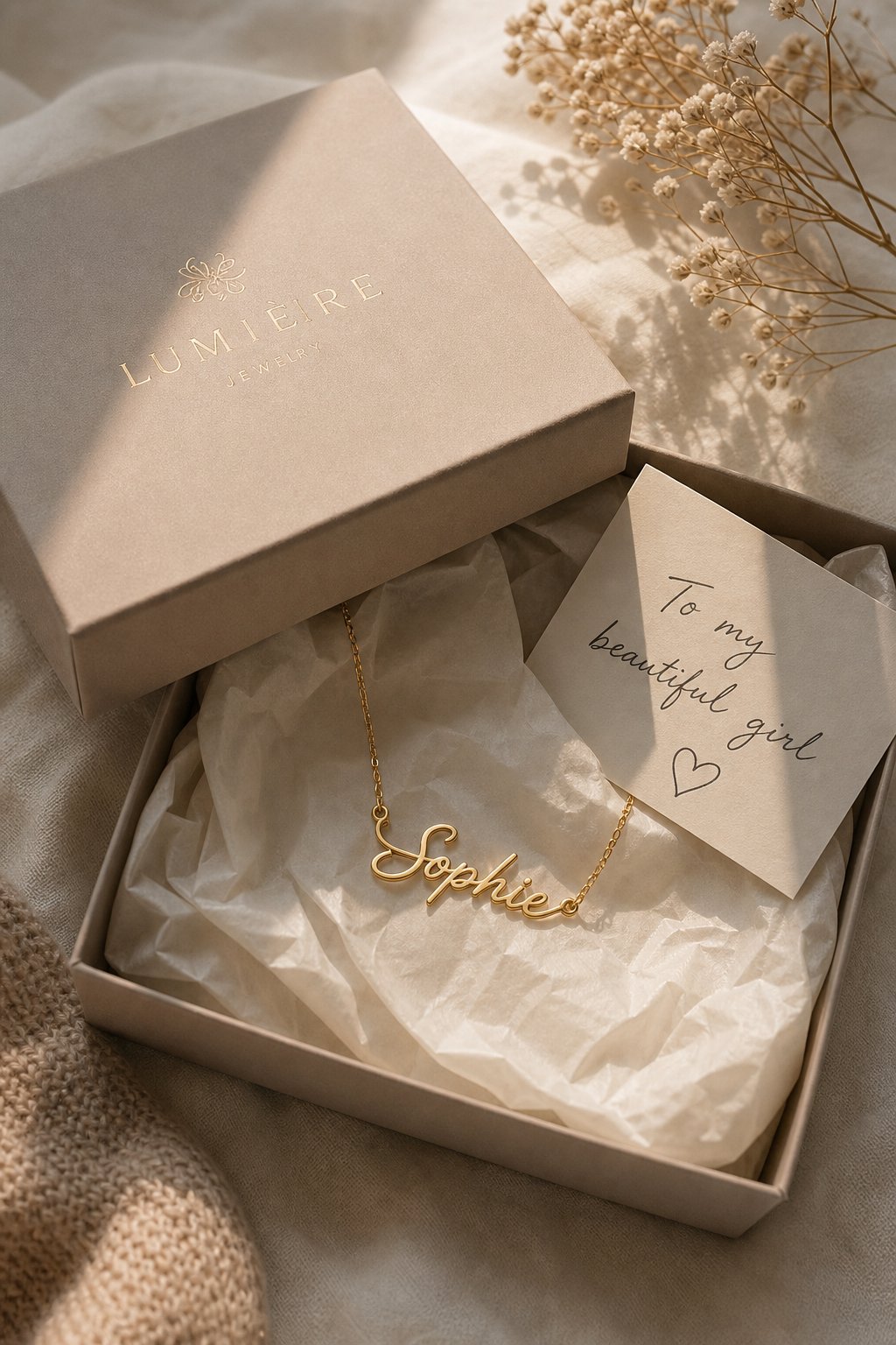 a custom pinyin name necklace presented as a meaningful heritage gift in an elegant jewelry box