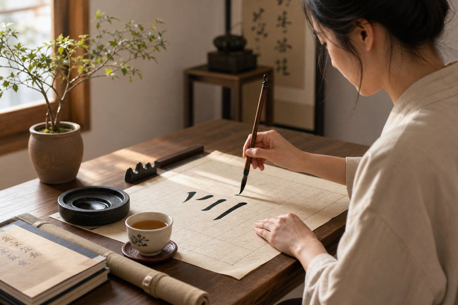 a daily calligraphy practice session with grid paper and a structured workspace