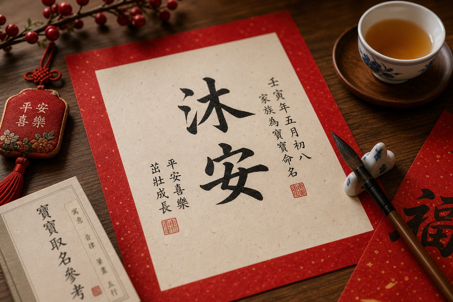 a family naming scene with freshly written chinese characters representing the thoughtful process of choosing a balanced name