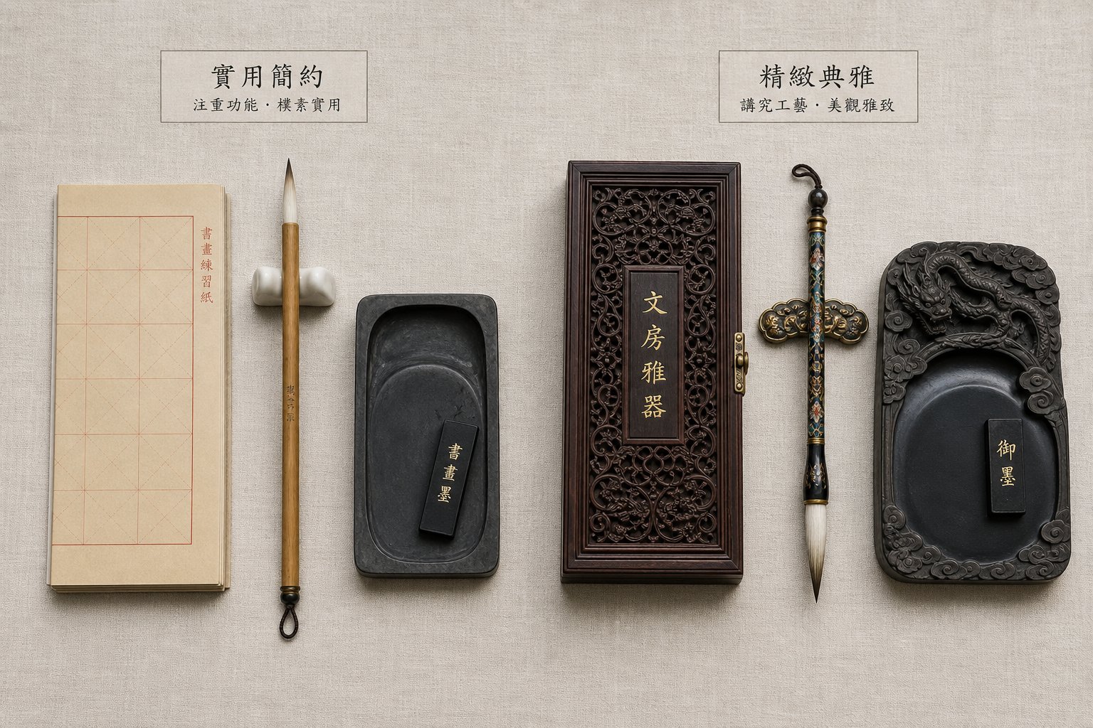 a functional beginner set compared with a traditional decorative calligraphy set