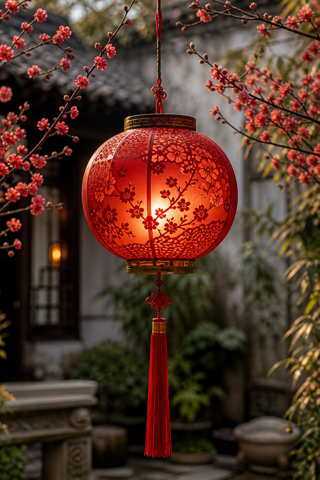 a glowing red lantern among plum blossoms symbolizing virtue and good fortune in chinese culture