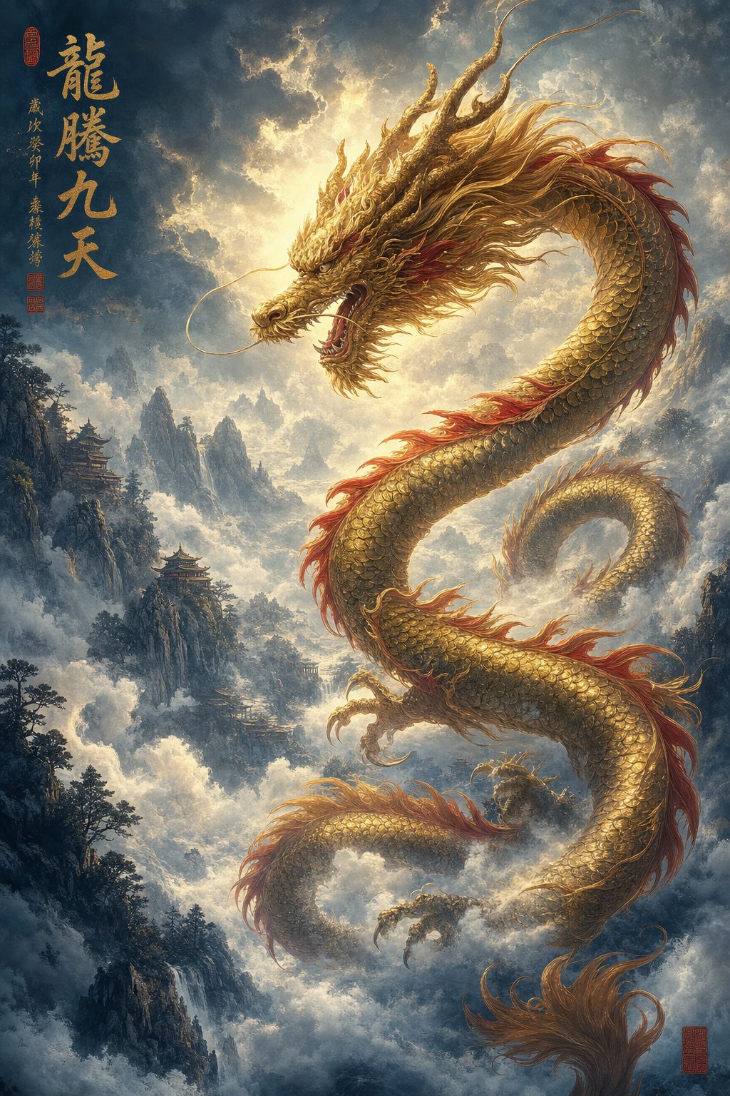 a golden dragon among clouds representing strength and power in chinese naming tradition