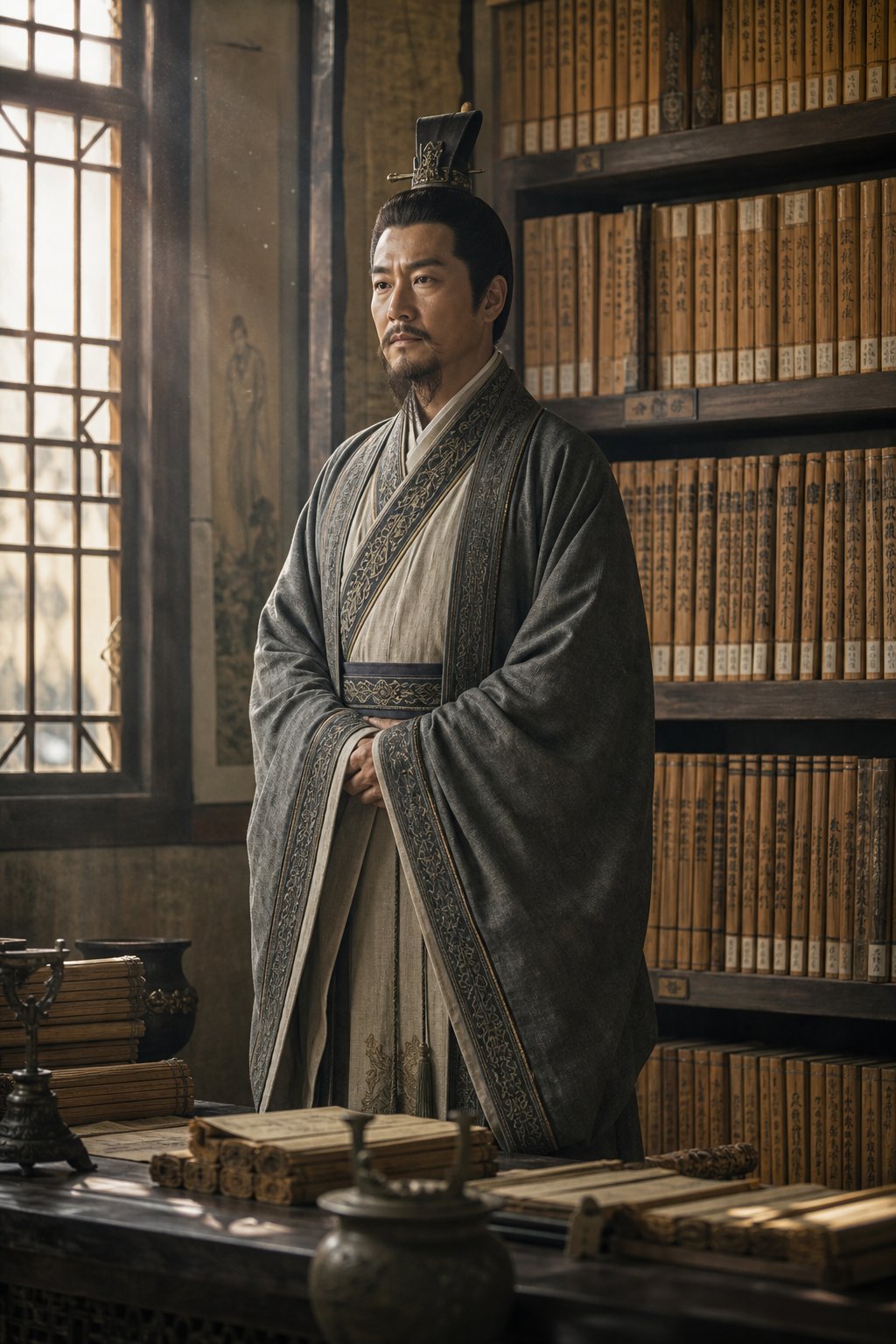 a han dynasty scholar official surrounded by historical manuscripts evoking the legacy of figures like sima qian